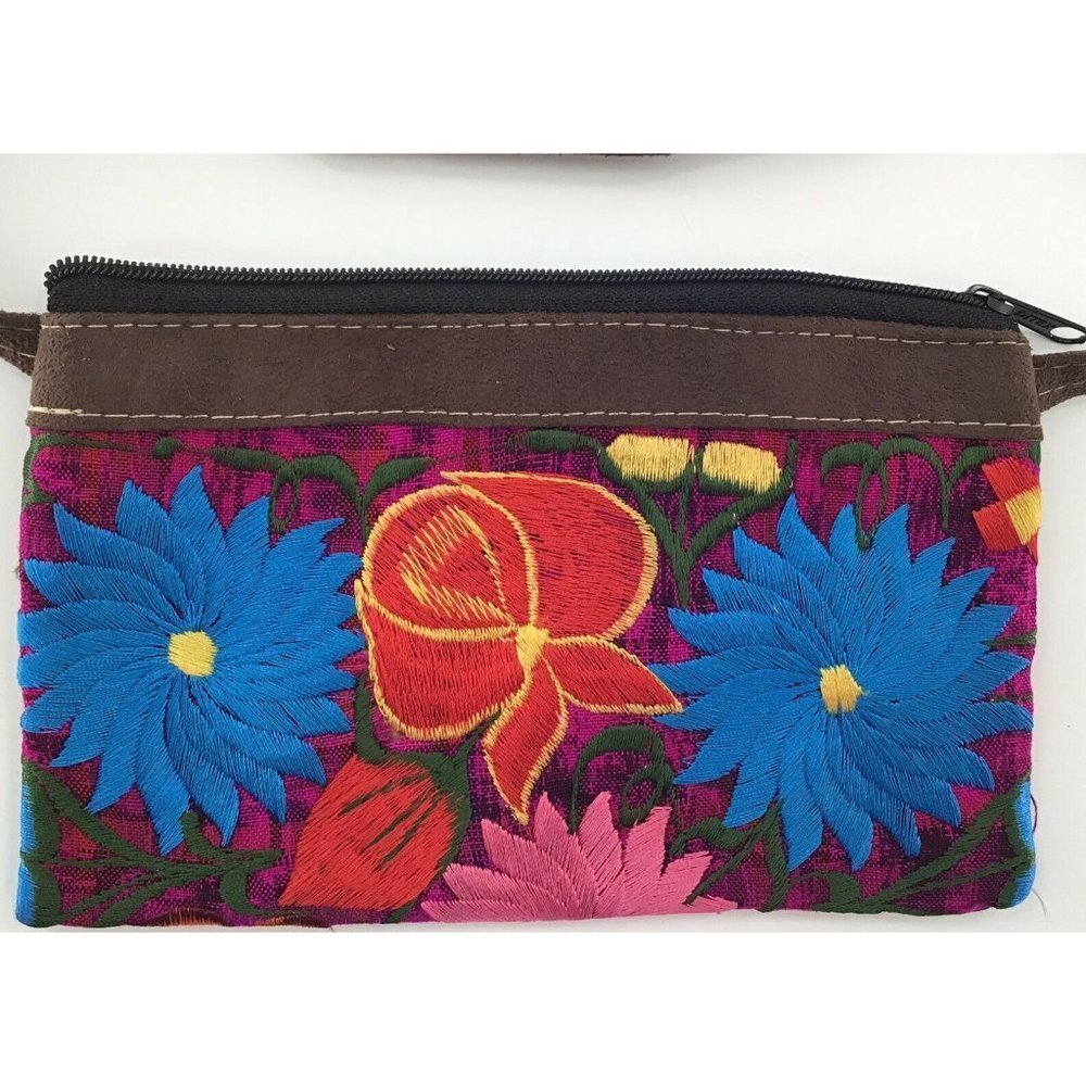 Floral Embroidered Mini 4x6 Inch Purse Brown Multicolor Floral Embroidery Zipper